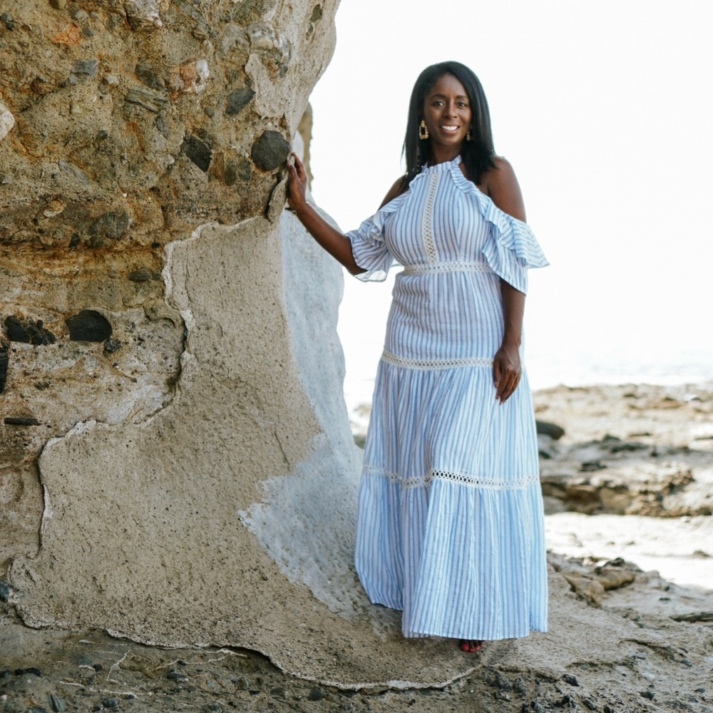 Blue and white stripe open shoulder maxi dress